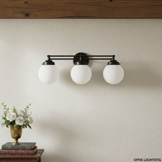 Pearl Milk Glass Globe Wall Sconce Antique Brass Vanity Light