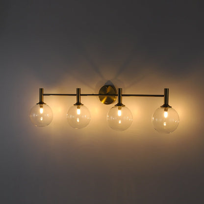 Mid-Century 4-Light Glass Globe Vanity Sconce Brushed Brass 38 in