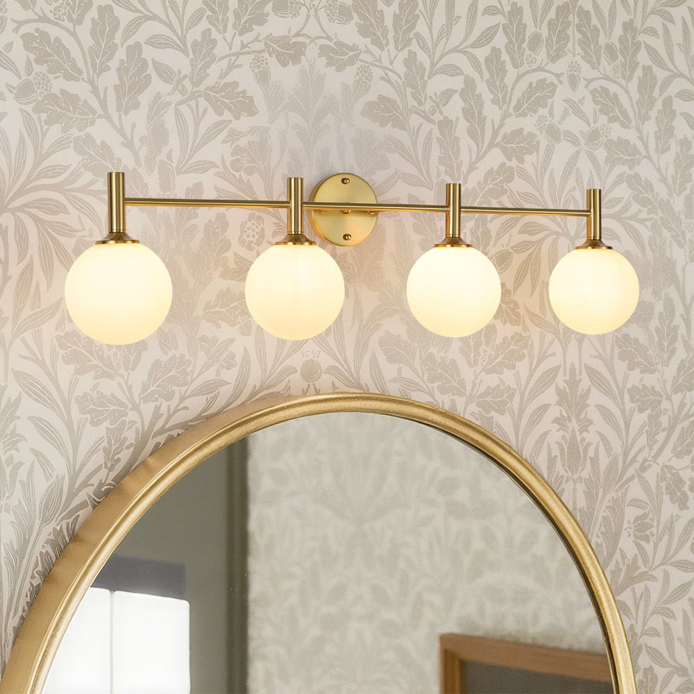 
Mid-Century 4-Light Glass Globe Vanity Sconce Brushed Brass 38 in