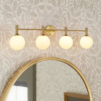 Mid-Century 4-Light Glass Globe Vanity Sconce Brushed Brass 38 in